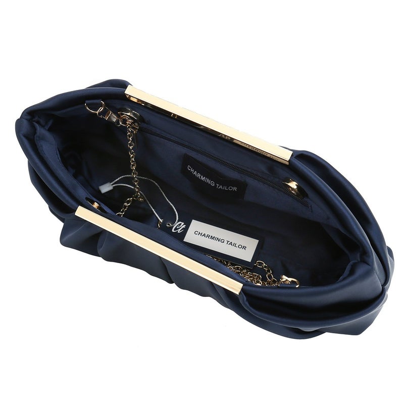 CHARMING TAILOR Clutch Evening Bag Elegant Pleated Satin Formal Handbag Simple Classy Purse for Women (Navy) - Image 4